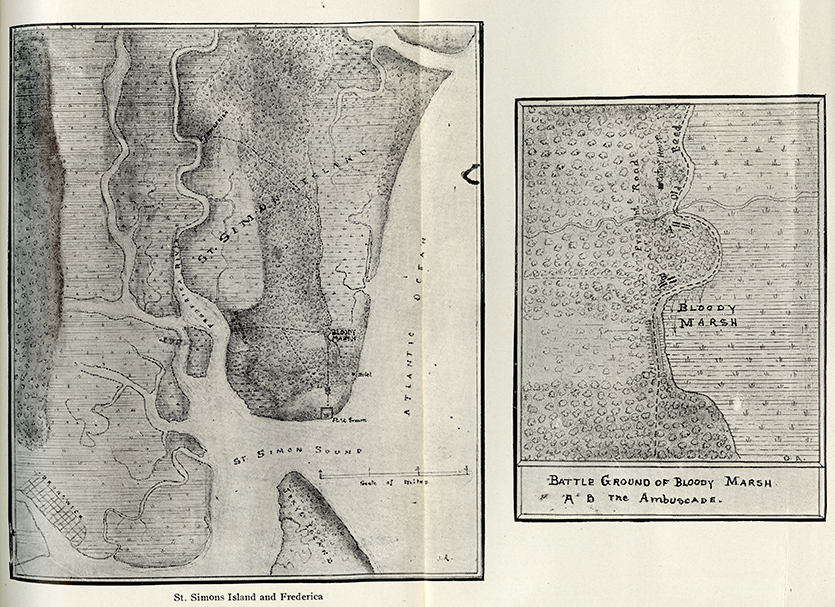 Map of St Simon and Frederica showing Bloody Marsh Battle, in, The Spanish official account of the attack on the colony of Georgia, in America, and of its defeat on St. Simons Island by General James Oglethorpe. Georgia Historical Society Main Collection F281 .G35 vol. 7, pt. 3.