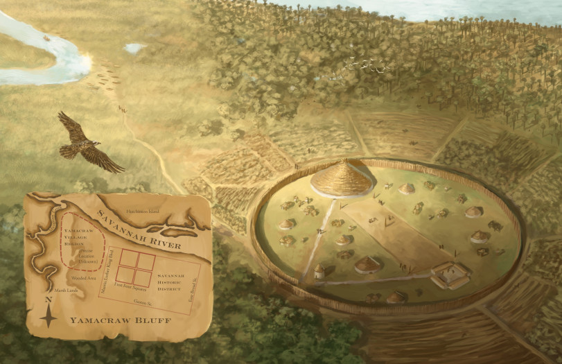 Reconstruction of the Yamacraw’s Village, illustrated by Charlie Swerdlow, © 2014 Charlie Swerdlow, historydepicted.com